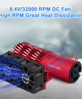 Twin 25mm RC Motor Cooling Fans With Metal Heatsink For 28mm Brushless Motors Fits One Tenth Scale RC Cars And One Twelfth Scale RC Trucks Built For Crazy 32000 RPM Cooling To Prevent Overheating shown in red with dual fans.