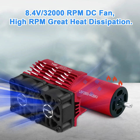 Twin 25mm RC Motor Cooling Fans With Metal Heatsink For 28mm Brushless Motors Fits One Tenth Scale RC Cars And One Twelfth Scale RC Trucks Built For Crazy 32000 RPM Cooling To Prevent Overheating shown in red with dual fans.