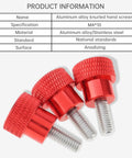 Close-up of Six Pack M4 10mm Stainless Steel Knurled Thumb Screws With Red Aluminum Heads For Quick Tightening And Easy Grip Round Clamping Knobs Threaded Fasteners For Tooling And DIY Projects Durable Hardware
