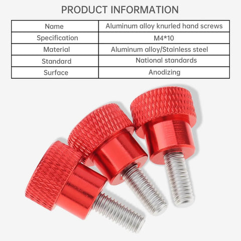 Close-up of Six Pack M4 10mm Stainless Steel Knurled Thumb Screws With Red Aluminum Heads For Quick Tightening And Easy Grip Round Clamping Knobs Threaded Fasteners For Tooling And DIY Projects Durable Hardware