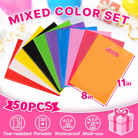 50 Pack Multicolor Party Favor Gift Bags 8x11 Inches With Handles Reusable Plastic Goodie Bags displayed in various colors