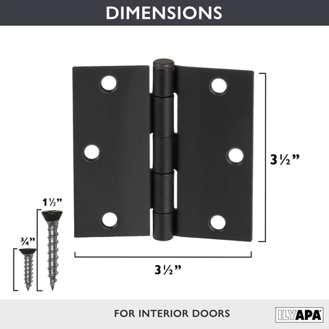 Pack Of 18 Satin Nickel Door Hinges 3.5 By 3.5 Inch Interior Square Hinges For Doors Cabinets And Drawers Brushed Nickel Finish With Square Corners For Smooth Durable Operation And Easy Install showing hinge dimensions and screws.