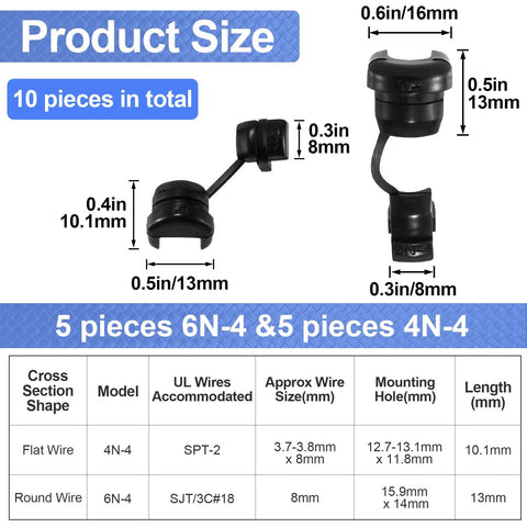 10 Pcs 6N4 And 4N4 Strain Relief Cord Connectors with size and dimensions for round wires, black nylon insulating cable grommets.