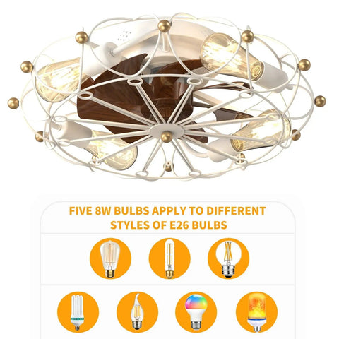 Low Profile Caged Ceiling Fan With Lights Remote Control Flush Mount Dope Modern Industrial Design 6 Speeds Reversible Blades Ferris Wheel Style Includes Bulbs White showing five E26 bulb options