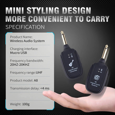 Hand holding Wireless Guitar System with Transmitter and Receiver Built In Rechargeable Battery Four Channel Unit