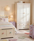 Girls' bedroom with 12 Pcs Colorful Ceramic Dresser Knobs With Heart Shape Pulls on drawers and wardrobe.
