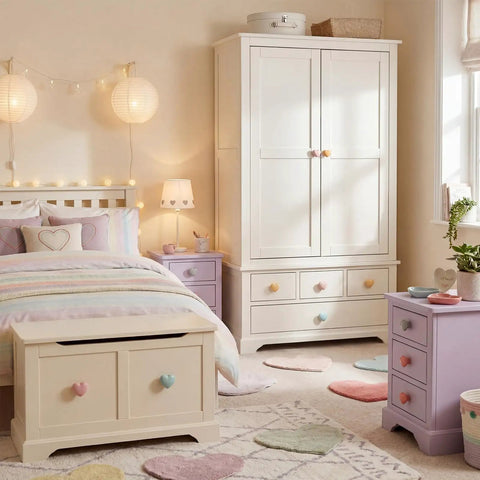 Girls' bedroom with 12 Pcs Colorful Ceramic Dresser Knobs With Heart Shape Pulls on drawers and wardrobe.