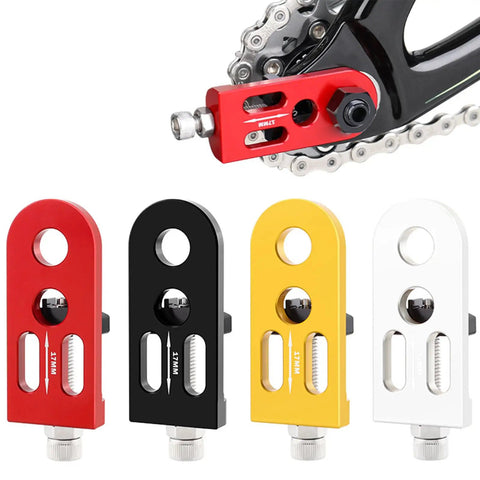 Heavy Duty Single Speed Chain Tensioner And Rear Derailleur Adjuster For Mountain Bikes And Road Cycles in red, black, yellow, white.