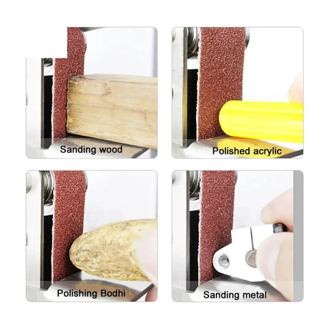 Mini Belt Sander And Grinder Machine Sharpener polishing wood, acrylic, Bodhi, and metal surfaces for various DIY projects.