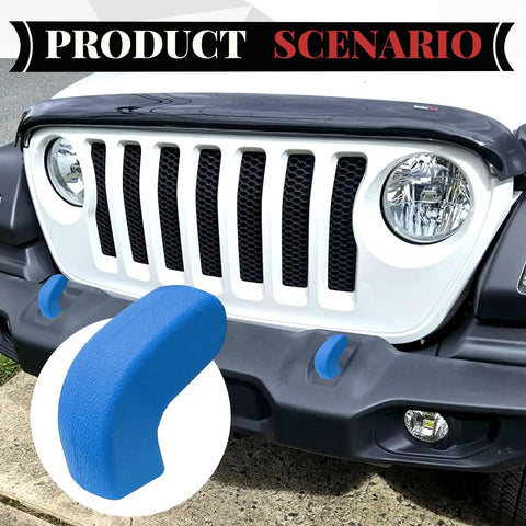 Blue Front Bumper Tow Hook Covers Kit, 2Pcs Rubber Sleeve Protector Trim on Jeep Wrangler JL showcasing durable exterior accessories