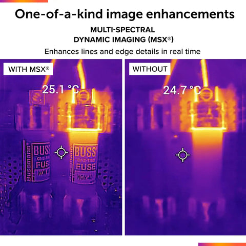 Comparison image showing MSX enhanced and non-enhanced thermal views of fuses, demonstrating imaging differences at 25.1°C and 24.7°C.