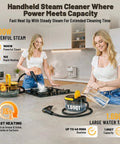 Gautye Portable Steam Cleaner With 3 Level Adjustable Handle Plus 15 Versatile Accessories For Deep Cleaning Floors Tiles And Carpets High Heat Sanitizing Black Housing Durable Abs Build Effective Germ Fighting Home Care Solution in use, featuring 1600W steam on kitchen surface.