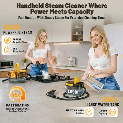 Gautye Portable Steam Cleaner With 3 Level Adjustable Handle Plus 15 Versatile Accessories For Deep Cleaning Floors Tiles And Carpets High Heat Sanitizing Black Housing Durable Abs Build Effective Germ Fighting Home Care Solution in use, featuring 1600W steam on kitchen surface.