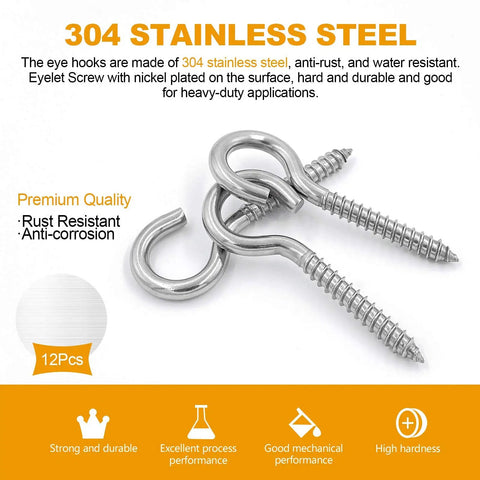 Heavy Duty 3.2 Inch 304 Stainless Steel Screw Eyes 6 Pack for Hammock Stand rust resistant and easy to install