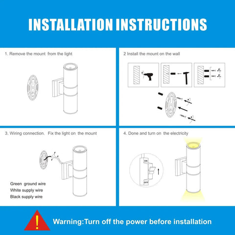 Installation instructions for Two Pack LED Outdoor Wall Lights 14W 2700K Matte Black Aluminum Up Down Cylinder Exterior