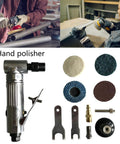 Pro Grade Pneumatic Angled Grinder Kit With Rubber Sanding Discs And 80 Grit Pads featuring hand polisher and various discs.