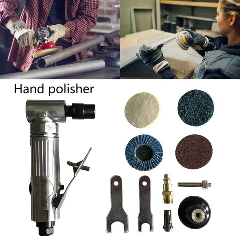High Rpm Pneumatic Angled Grinder Tool Set With Swappable Collets Lightweight One Hand Design For Beefy Metal Fabrication And Polished Finishes Zero Hassle Built Different with attachments and polishing pads.
