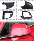 Super Clean Slick Swap Replacement Rearview Mirror Cover And Lower Trim Ring Frame Set For Tesla Model Y Driver Side Door Wing Mirror Housing Direct Bolt On 2020 To 2023 showing components of mirror cover kit on red Tesla.