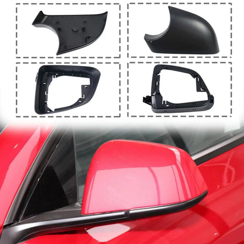 Super Clean Slick Swap Replacement Rearview Mirror Cover And Lower Trim Ring Frame Set For Tesla Model Y Driver Side Door Wing Mirror Housing Direct Bolt On 2020 To 2023 showing components of mirror cover kit on red Tesla.