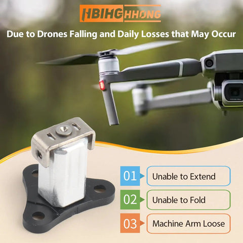 Close-up of front arm axis replacement kit for Mini 4 Pro and Mini 3 drones, showing hinge shaft with tools and compatibility details.