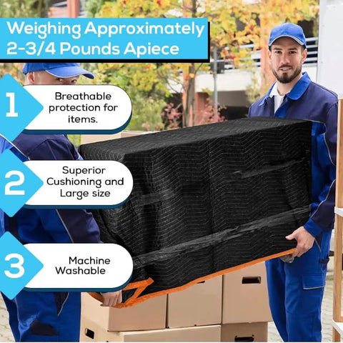 Heavy Duty Padded Moving Blankets 72 By 40 Inches, 12 Pack For Safe Furniture Moving held by movers
