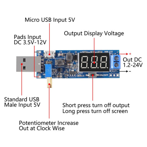 USB Step Up Down Power Supply Module With Adjustable DC-DC Boost Buck Converter From 1.2V To 24V, built-in display and indicator.