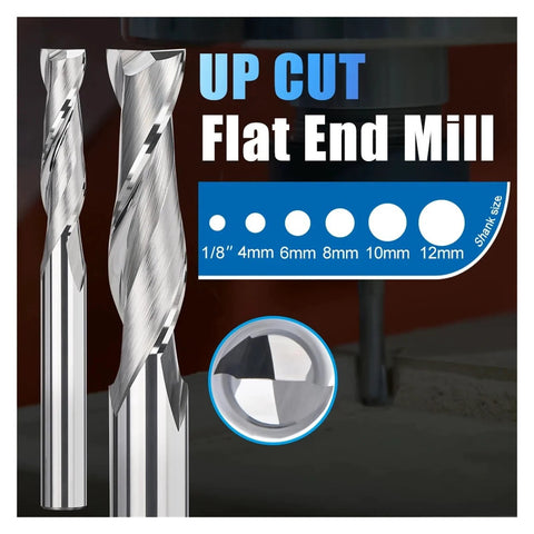 Carbide end mills, two pieces, with spiral flutes and 1/8 inch shanks, front view.