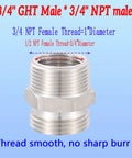 Stainless steel garden hose adapter, 3/4 in GHT male to 3/4 in NPT male with hex nut