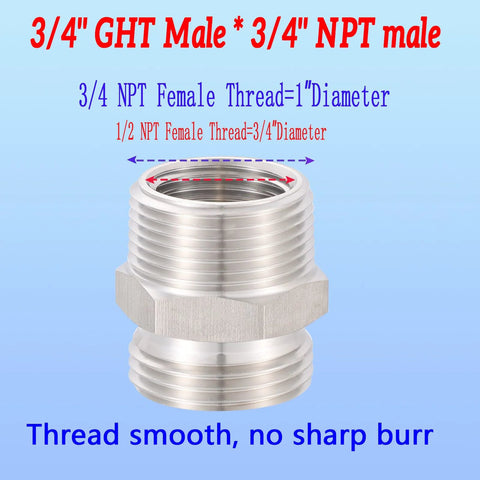 Stainless steel garden hose adapter, 3/4 in GHT male to 3/4 in NPT male with hex nut