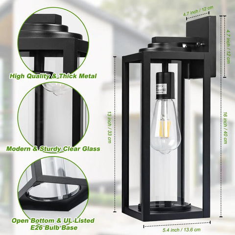 Hella Bright 16-Inch Outdoor Wall Lanterns, Rugged 2-Pack Exterior House Lights Featuring Thick Clear Glass Shades shown from front with clear glass and metal