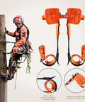 Pro Grade Tree Climbing Spikes Set With Alloy Steel Spurs And Adjustable Cowhide Leather Straps, worn by arborist on pole