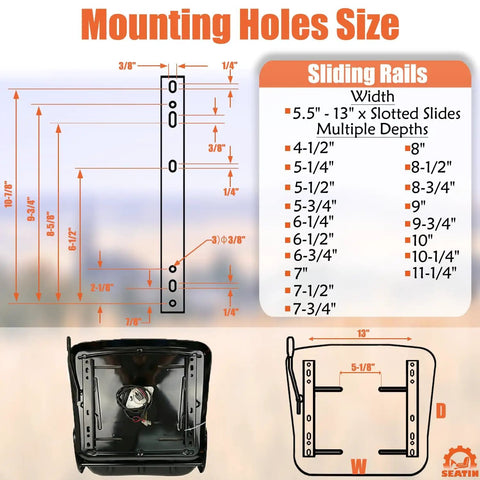 Mounting holes size diagram and sliding rails dimensions for Heavy Duty Forklift Seat For Mowers And Industrial Equipment
