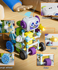 Close-up of 434-piece solar powered robot kit for kids aged 4 to 12, featuring fan, large wheel, lamp, gear, and gesture sensor.