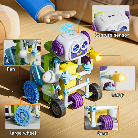 Close-up of 434-piece solar powered robot kit for kids aged 4 to 12, featuring fan, large wheel, lamp, gear, and gesture sensor.