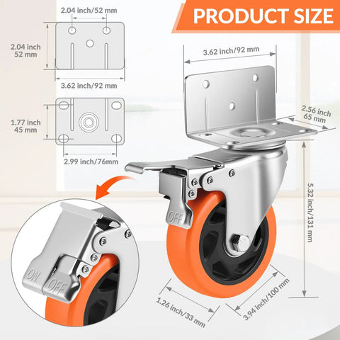 Heavy Duty Swivel Casters L Shaped Mount Double Ball Bearing Rock Solid Frame with detailed size specifications.