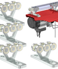 Six Wheel Trolley Assembly For Electric Hoist With Silent Rollers Easy Installation Compatible With Unistrut One And Five Eighths Inch Wide Or Taller Strut Channel Four Pack Designed To Support Up To Seven Hundred Fifty Pounds, shown installed on strut channel with hoist.