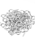 50 Pack Size 8 Screw Eyes Nickel Plated Steel Screw In Eye Hooks Silver rust resistant heavy duty hooks piled together.