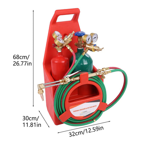 All in One Portable Oxy Acetylene Torch Kit for Welding and Cutting, 68cm red carry tote with hoses and dual gauge regulators