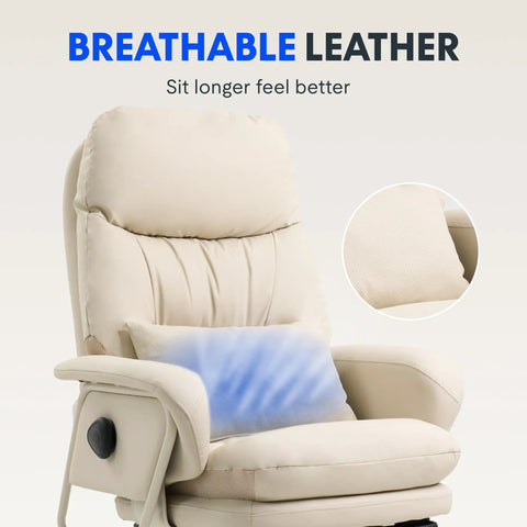 2 In 1 Chaise Lounge Chair With Wheels For Cozy Lounging Leather Recliner With Extendable Footrest And 90 To 165 Degree Backrest Lumbar Support For Living Room Bedroom Home Office Or Study Beige White HC4 showcasing breathable leather and lumbar support