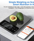Food Kitchen Scale With Nutritional Calculator And 30 Plus Nutrients Tracked On Screen, avocado displayed, phone showing app