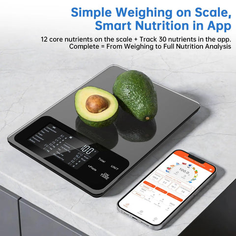 Food Kitchen Scale With Nutritional Calculator And 30 Plus Nutrients Tracked On Screen, avocado displayed, phone showing app