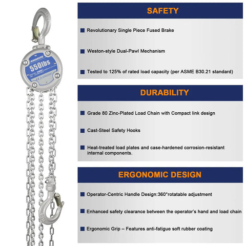 Compact Mini Hand Chain Hoist Built Tough With One Quarter Ton Capacity, 10ft Lift, Dual Chains, 0.8 Inch Hook, 550lb Manual Chain Fall For Garage, Engine Lifts And Workshop Use, silver chain hoist with safety features shown