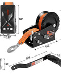 3500 Lb Heavy Duty Boat Trailer Winch With 33 Ft Polyester Strap, Dual Speed 4 To 1 And 8 To 1 Gear Ratios, Two Way Ratchet, Easy Load And Haul For Boats. Black steel hand winch with orange strap, dimensions shown, and handle