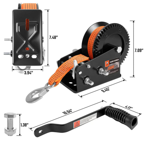 3500 Lb Heavy Duty Boat Trailer Winch With 33 Ft Polyester Strap, Dual Speed 4 To 1 And 8 To 1 Gear Ratios, Two Way Ratchet, Easy Load And Haul For Boats. Black steel hand winch with orange strap, dimensions shown, and handle