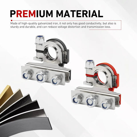 Garage Ready Heavy Duty Battery Terminal Connectors 2Pcs With 3Way Top Post Cable Clamps Universal Positive Negative 12Volt Rust Proof Zinc Coated For Cars Trucks Vans Silver showcasing galvanized iron material.