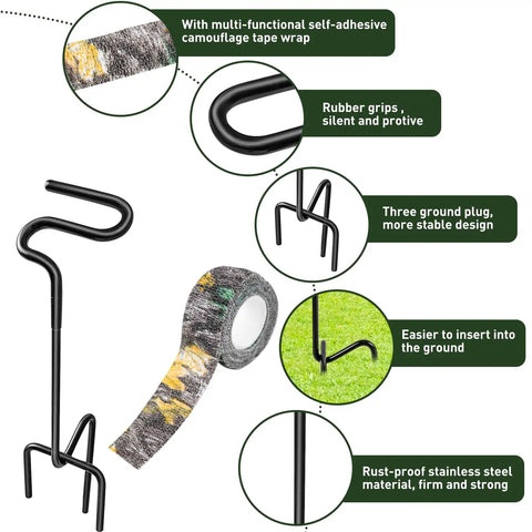 2 Pack Ground Bow Holder Set For Hunting Practice Ready To Go Ground Stake Bow Stand with Camouflage Tape and Rubber Coated Build