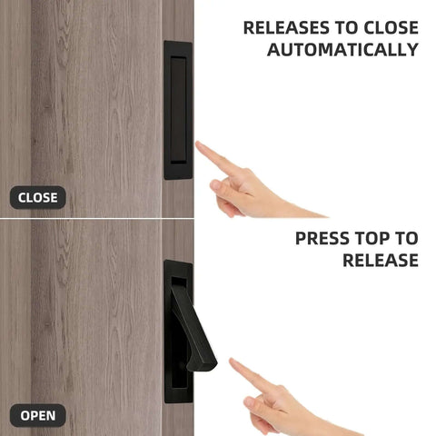 Edge Mount Pocket Door Pulls Matte Black 2 Pack Sleek Recessed Sliding Door Hardware In Stainless Steel 304 Finger Flush Pulls That Sit Flush And Auto Close With Gravity Design demonstrating open and close mechanism.