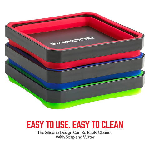 Collapsible Magnetic Parts Tray Set Pack of 3 4.25 Inch Square Tool Trays in red, blue, green stacked and color-coded