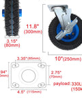 Heavy Duty Rubber Caster Wheels Set 8 and 10 Inch Pneumatic Swivels With Brakes shown from the side and top view with measurements.