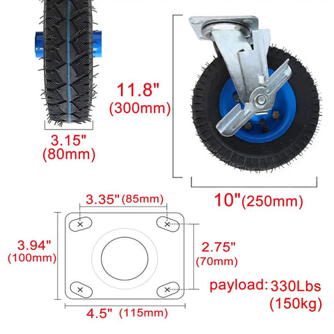 Heavy Duty Rubber Caster Wheels Set 8 and 10 Inch Pneumatic Swivels With Brakes shown from the side and top view with measurements.
